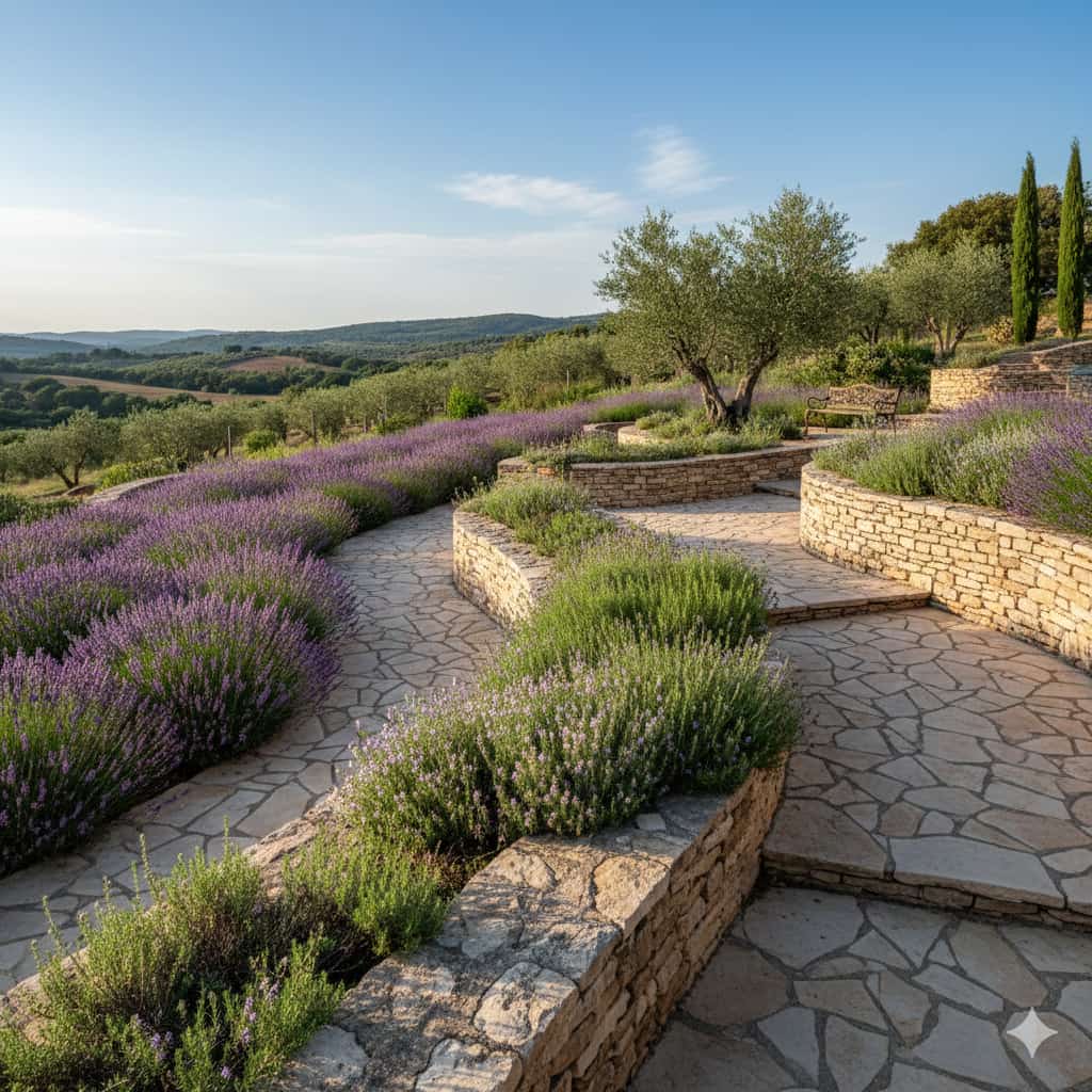 Illustration d'un jardin en restanques avec murs de pierres sèches, lavandes, cyprès et oliviers. En fond la campagne provençale