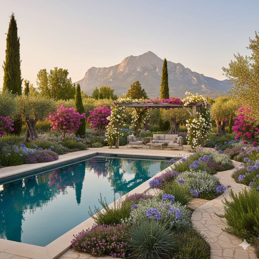 Pergola au bord d'une piscine avec passifs de plantes résistantes à la sécheresse