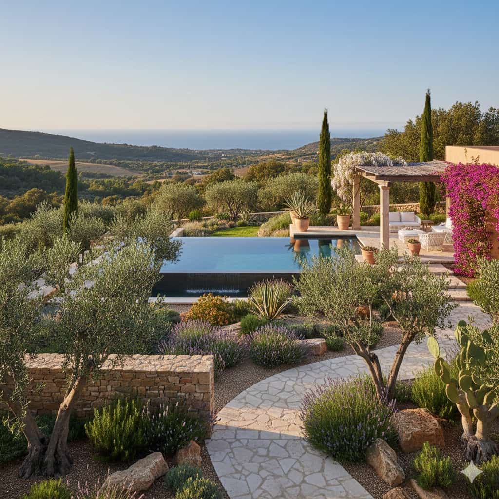 Pergola au bord d'une piscine avec passifs de plantes résistantes à la sécheresse. en fond d'image, illustration de la campagne provençale