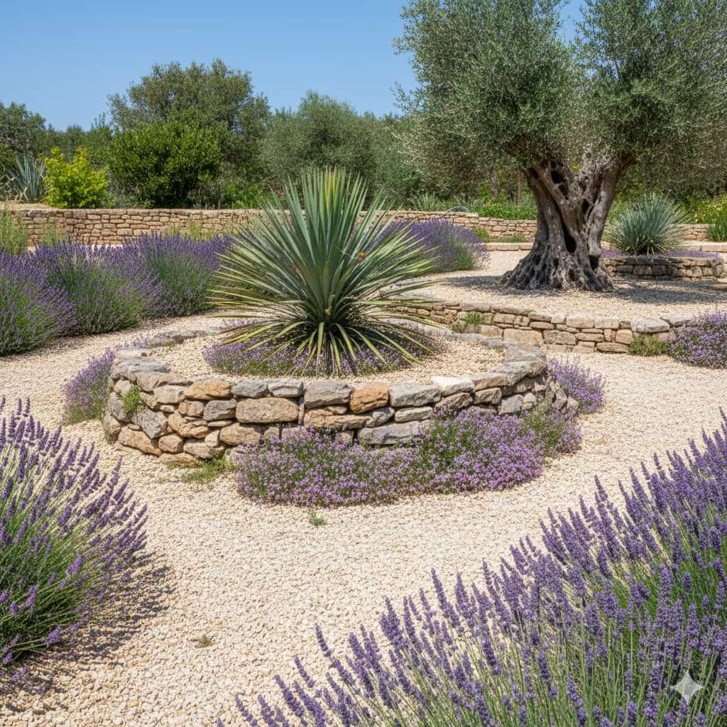 Yucca rostrata et massif de lavandes. en fond un olivier centenaire